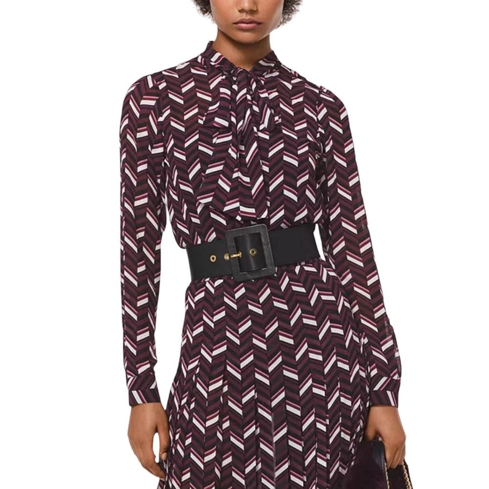 Michael Kors Womens Georgette Tie-Neck Button Down Blouse Purple Cordovan XS